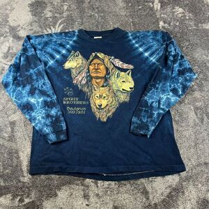 Vtg Tribal Wolf Spirit Brothers Tie Dye Blue Long Sleeve Shirt Feathers USA XXL